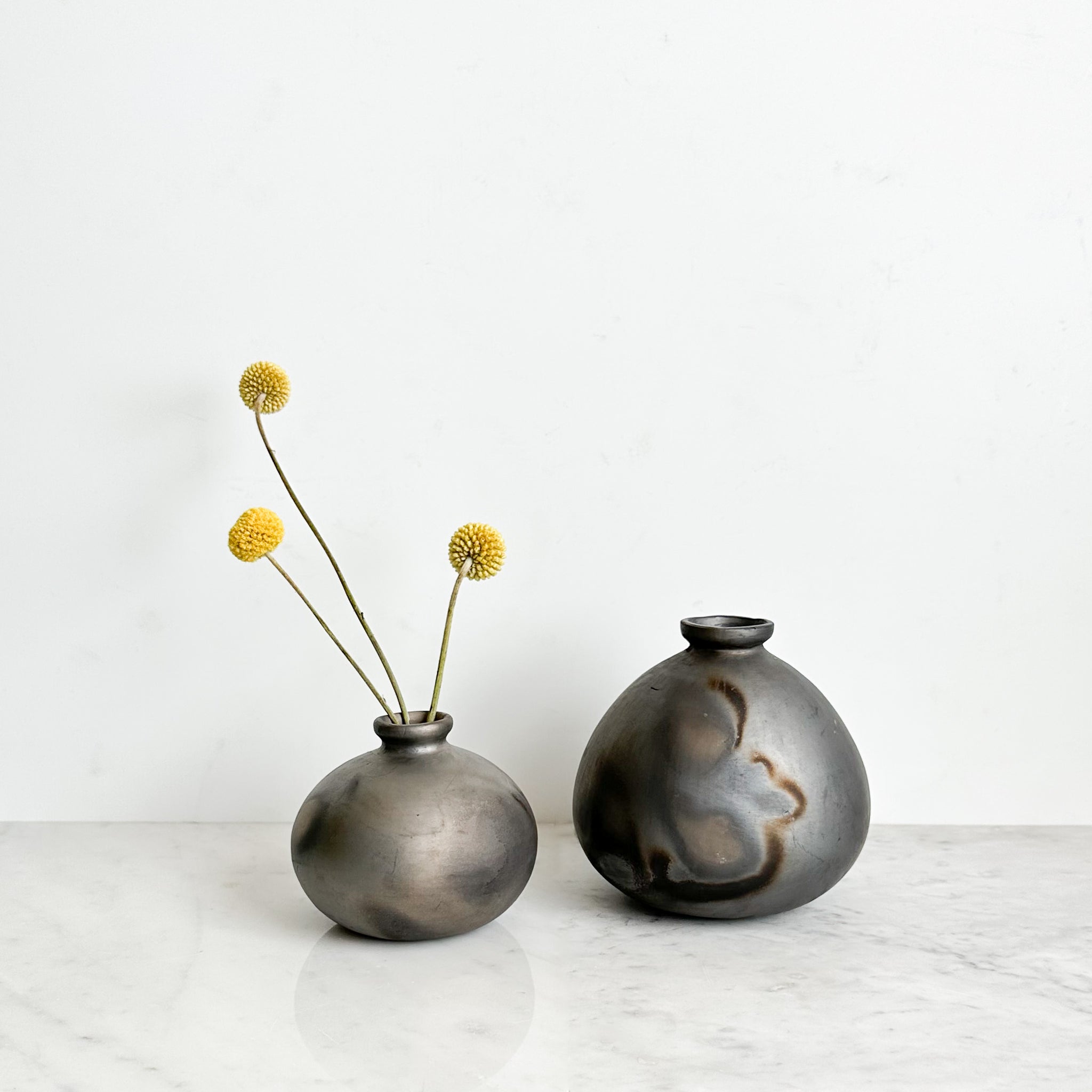 A pair of small and large bud vases made from Oaxaca black clay with dried stems.