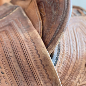 The hand-tooled details on a vaquero leather saddle handcrafted in Baja, México.