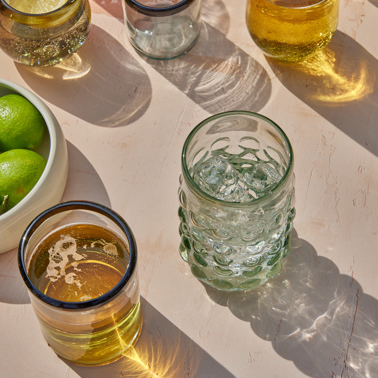 An array of handblown glasses made in Mexico.