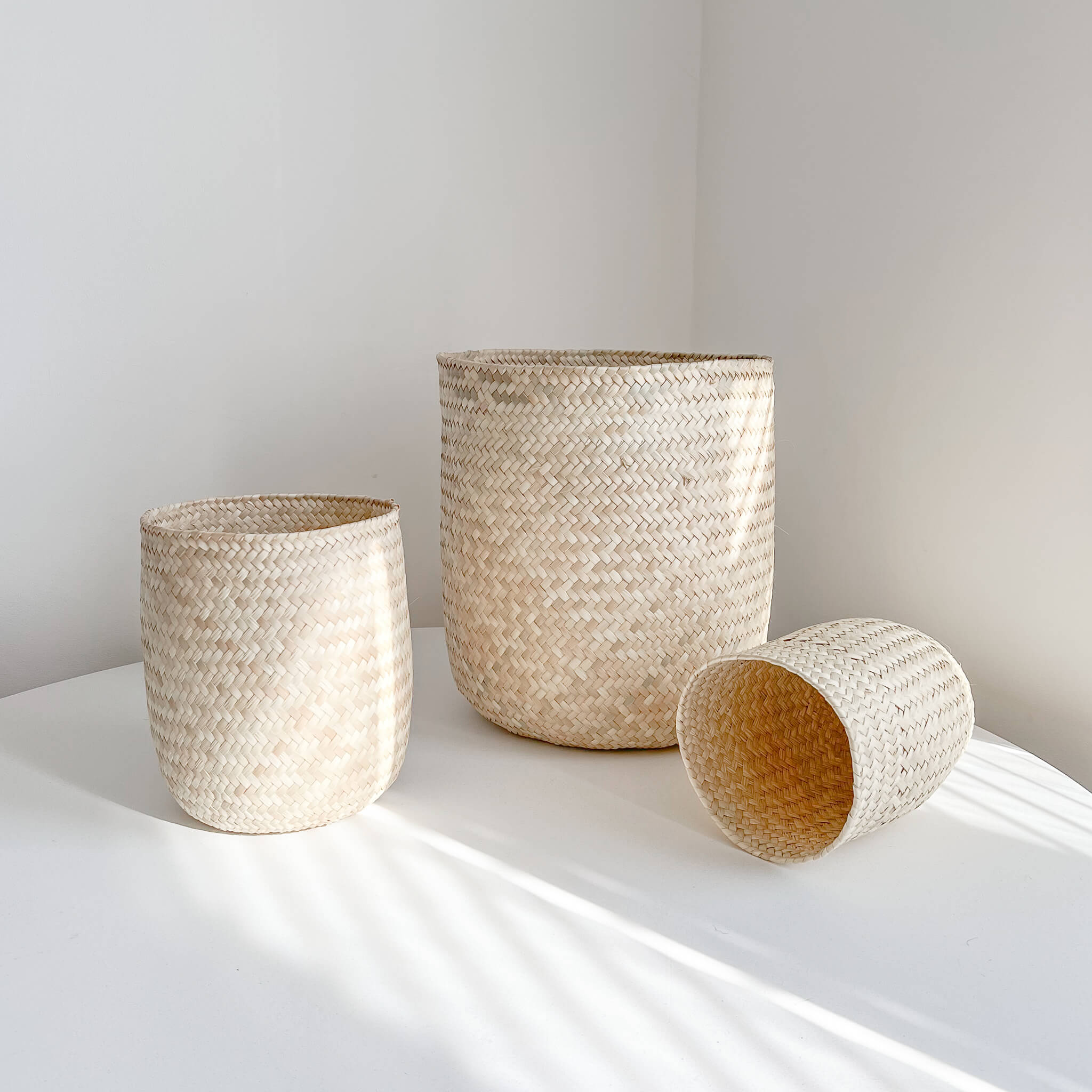 Oaxaca palm baskets in size small, medium and large on a white table.