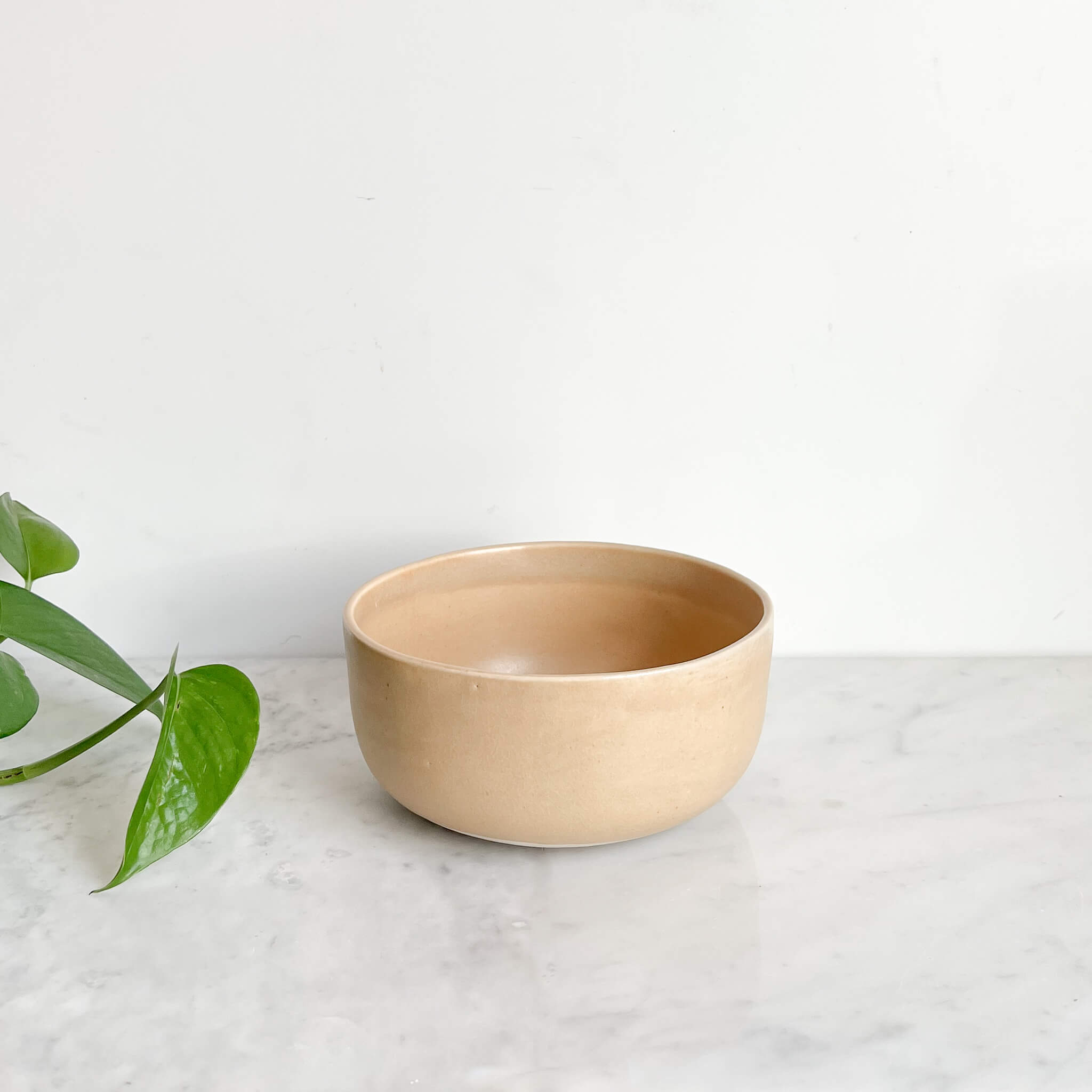 A sandy ivory colored stoneware serving bowl on a white marble counter next to a small sprig of green.