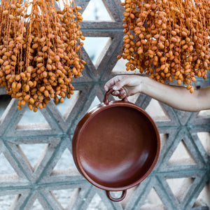A Oaxaca red clay cazuela held by one handle in front of dried palm pods.