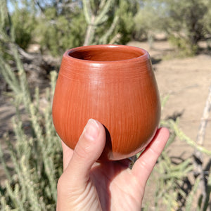 A handheld Oaxaca red clay stemless mug in the desert.