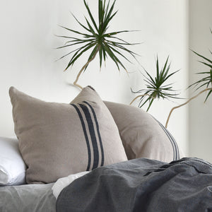 A pair of cotton euro shams with a center stripe design on a messy, unmade bed alongside a tall yucca plant.