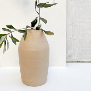 A terra-cotta ceramic vase with dry stems.