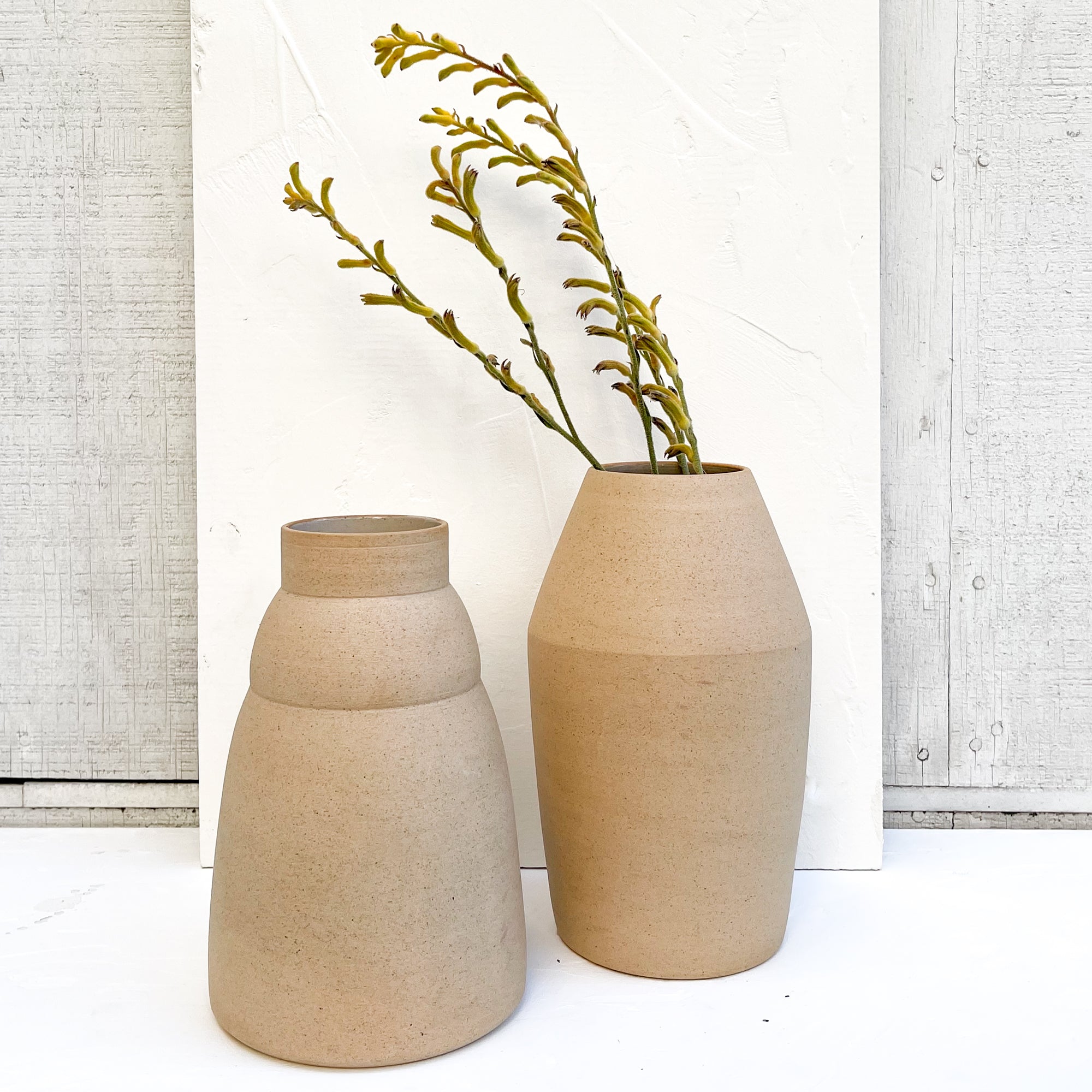 A pair of ceramic terra-cotta vases paired with dry floral stems.